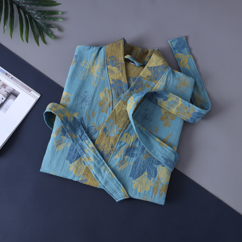 Blue Cotton Floral Kimono Kids Bathrobe - image 3