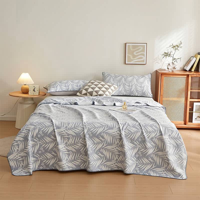 Botanical Palm Leaf Cotton Muslin Blanket Quilt - Blue - 2PCS Pillowcases - 19" x 29" - image 10