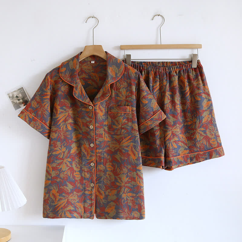 Vintage Leaf Print Cotton Loungewear Set - Brown - XXL - image 0