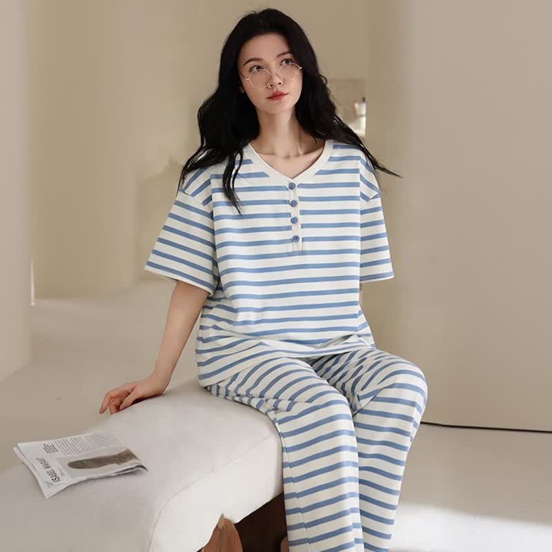 Blue Stripe Cotton 3-Piece Loungewear Set - image 6