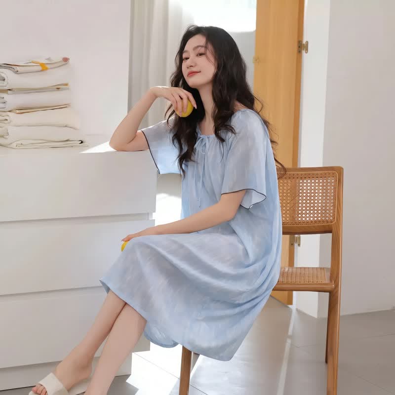 Airy Blue Lyocell Tie Neck Lounge Dress - image 3