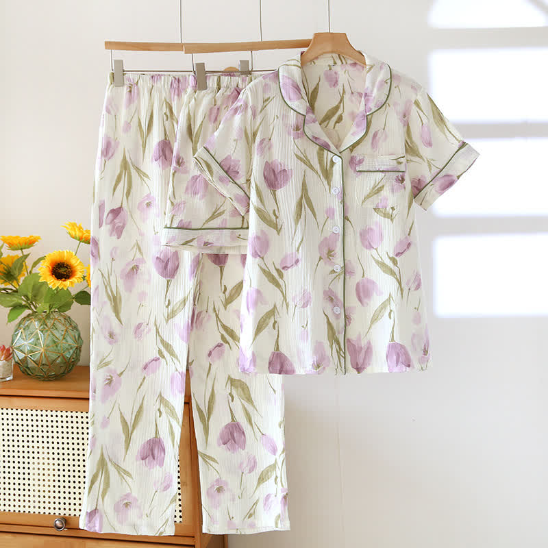 Romantic Tulip 3-Piece Cotton Gauze Pajama Set - Beige - XL - image 0