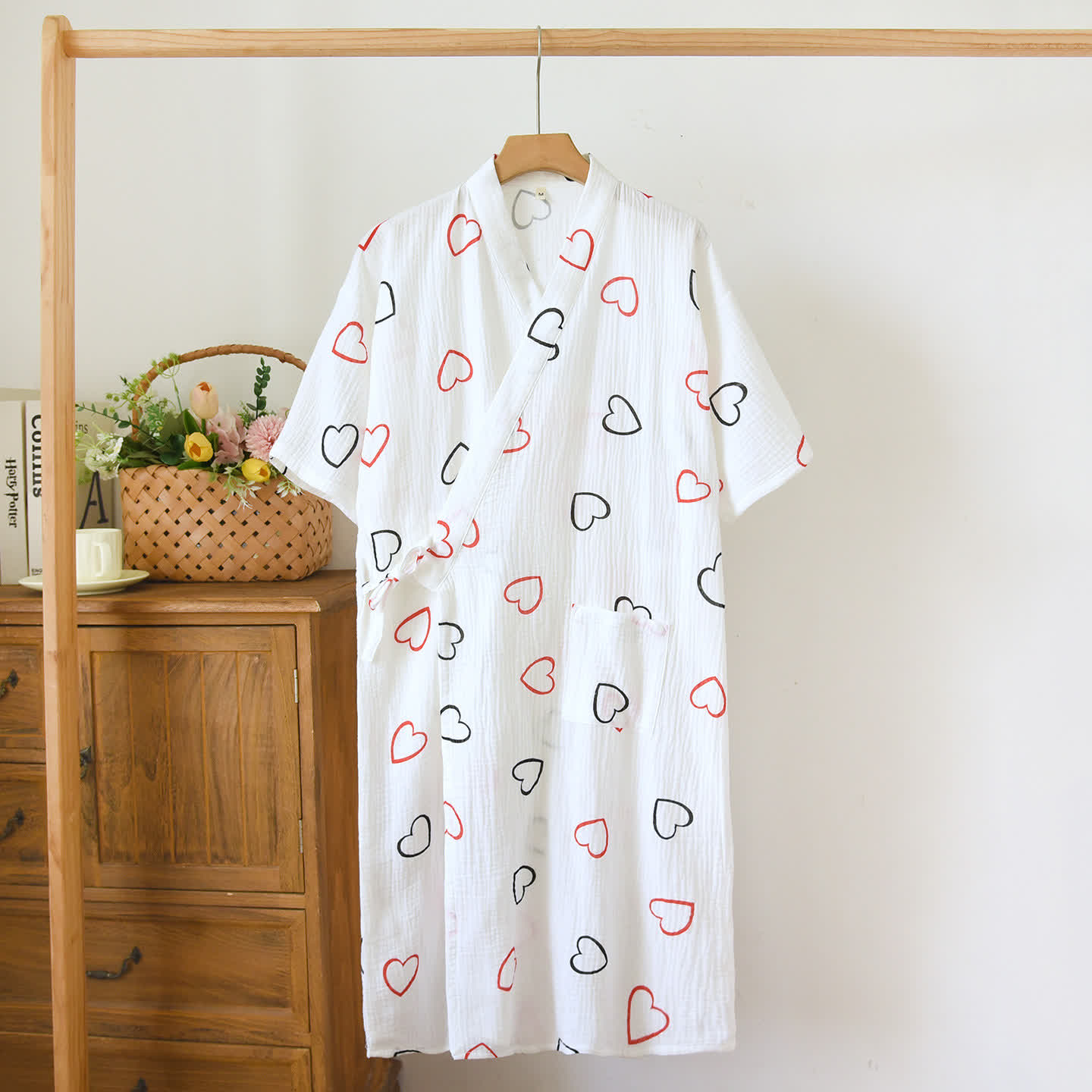 Heart Print Muslin Kimono Lounge Robe - Beige - L - image 0