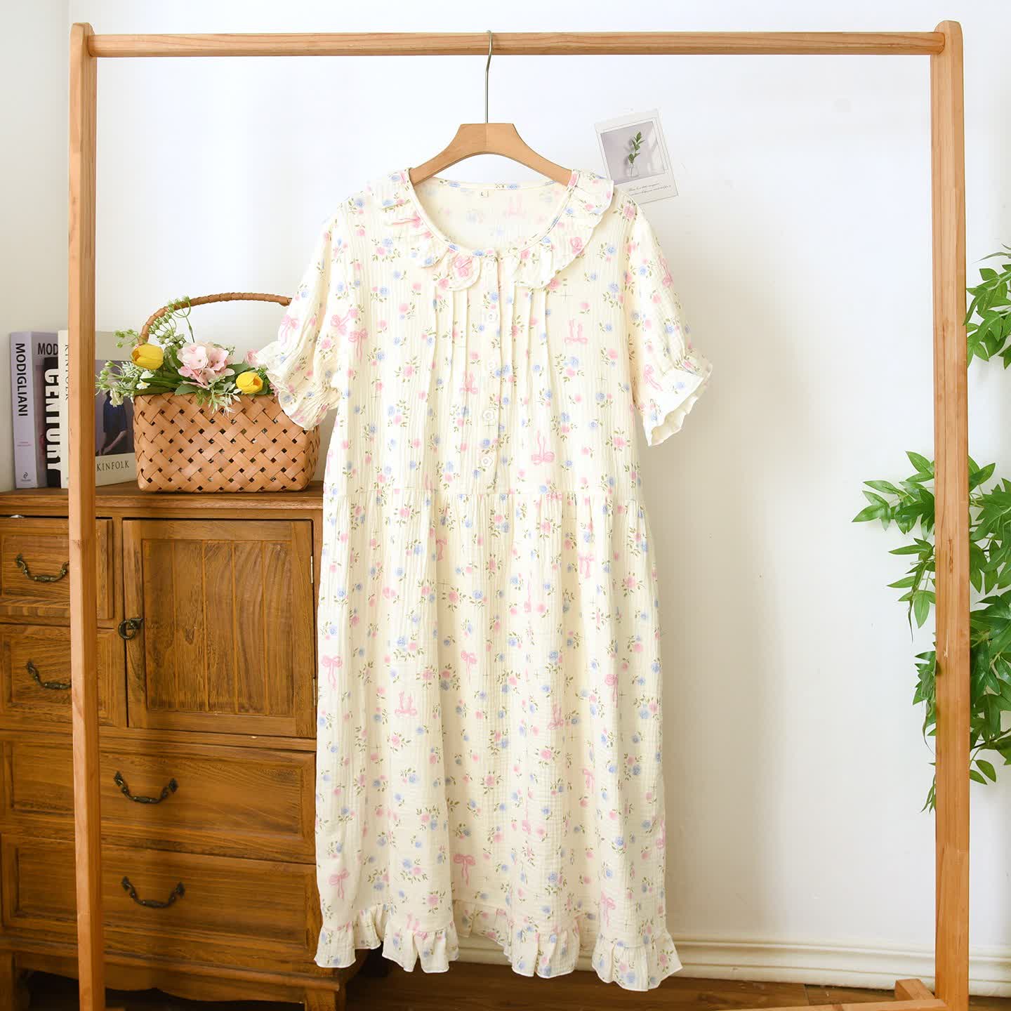 Floral Ruffle Collar Cotton Muslin Nightgown - Beige - XL - image 0
