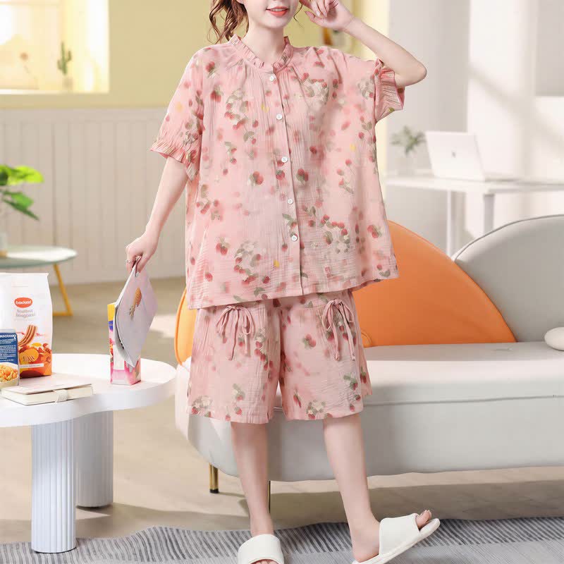 Plus Size Floral Cotton Gauze Short Pajama Set - image 2