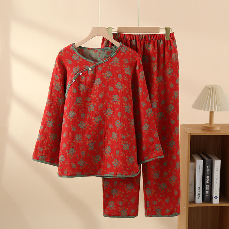 Oriental Side-Button Cotton Floral Pajama Set - Red - XL - image 0