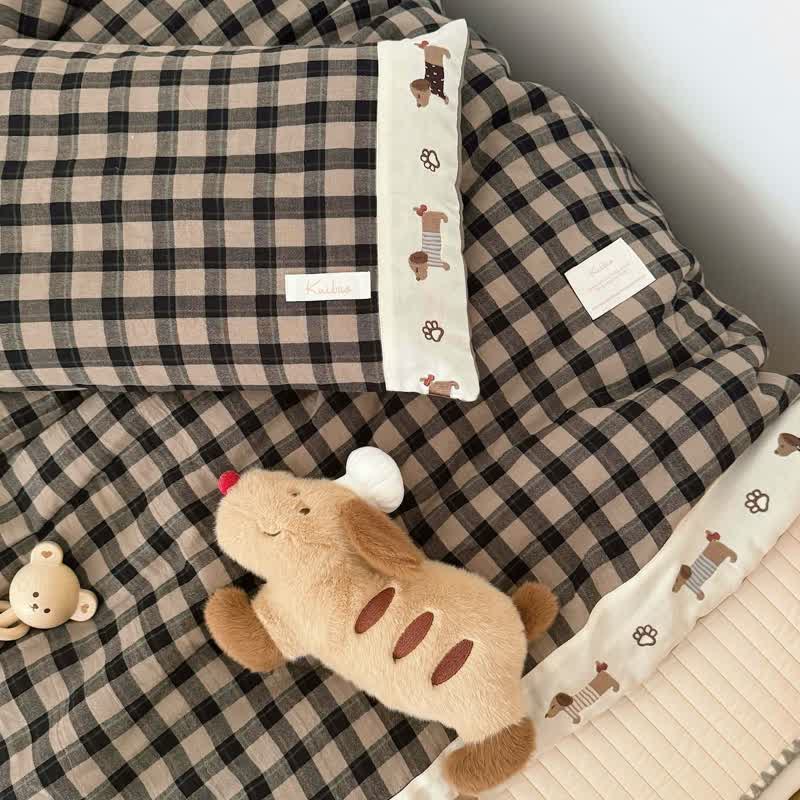 Cozy Khaki Gingham Quilt with Puppy Embroidery - Brown - 2pcs Pillowcases - 19" × 29" - image 5
