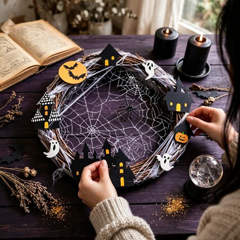 Halloween Twig Wreath With Spiderweb Ornaments - image 4