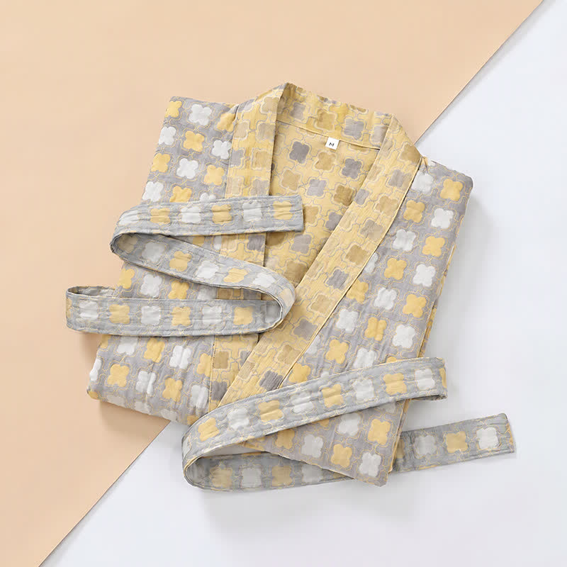 Soft Yellow Grey Cotton Plaid Kimono Robe - image 8