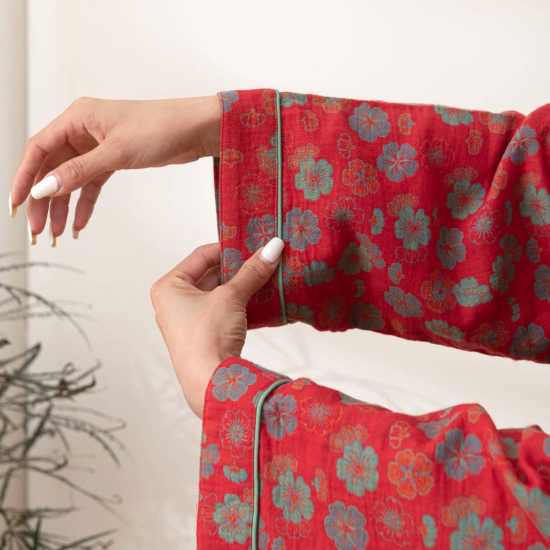 Plum Blossom Cotton Bathrobe With Tie