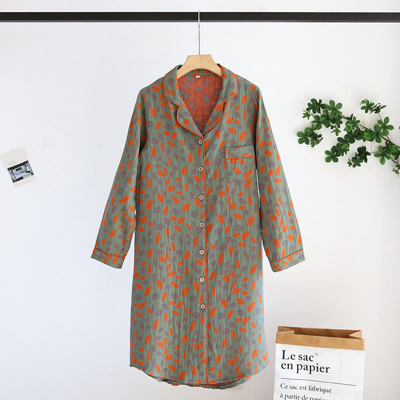 Leaf Tuxedo Button Cotton Nightdress - Leaf Pattern - Green & Red - XL - image 3