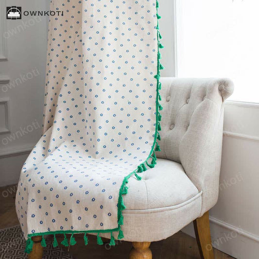Blue Daisy Green Brim Cotton Curtain