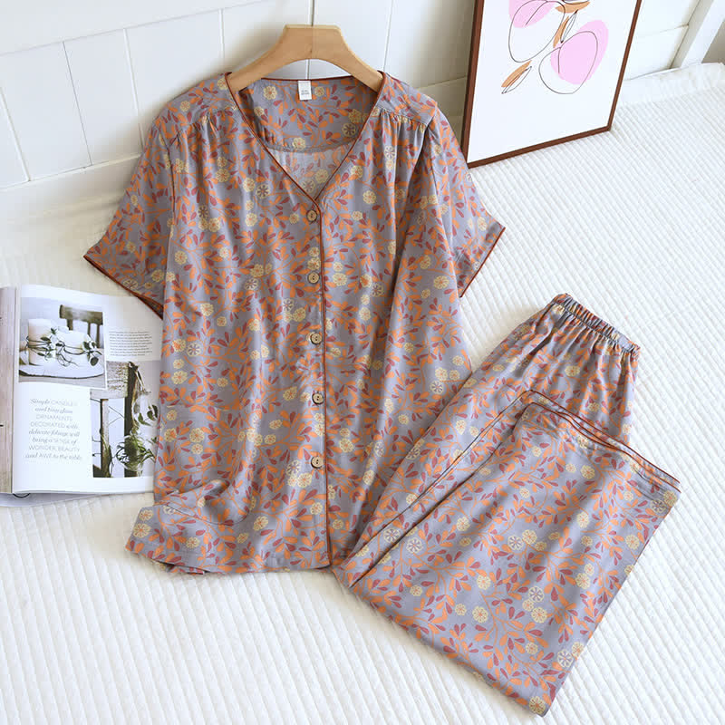 Floral Print Cotton Silk Loungewear Set - Purple - XL - image 3