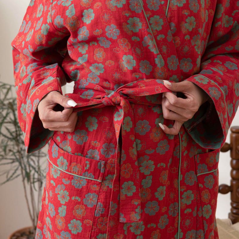 Plum Blossom Cotton Bathrobe With Tie