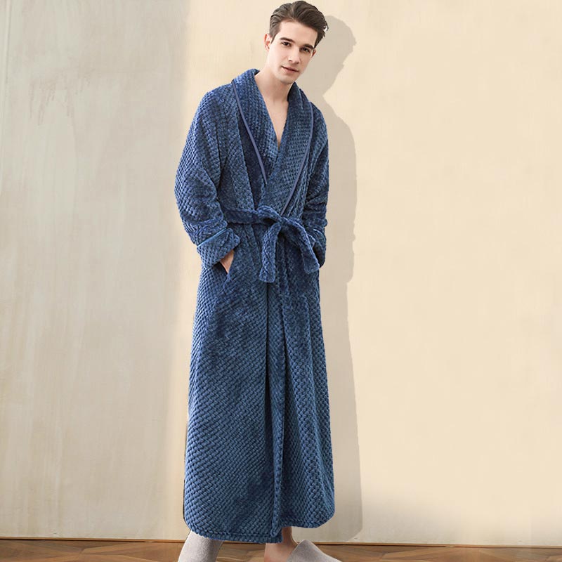 Ownkoti Puffy Fleece Pajama Long Bathrobe - Navy - Gray - image 21