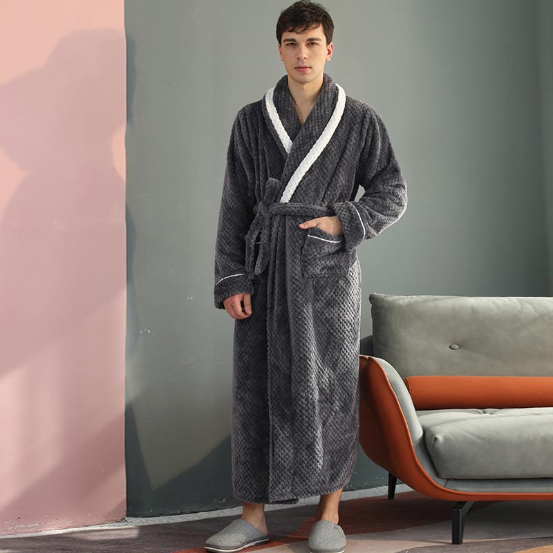 Thick Fleece Pajama Comfy Bathrobe - Gray - Men: M - image 15