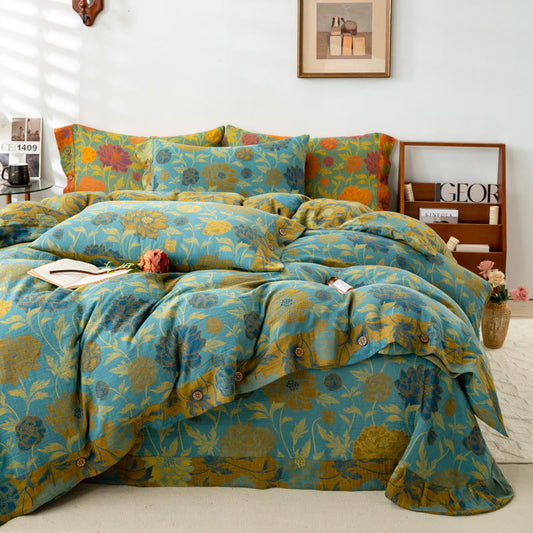 Retro Flower Leaf Cotton Bedding Sets(4PCS) - Button - Blue - King - image 1