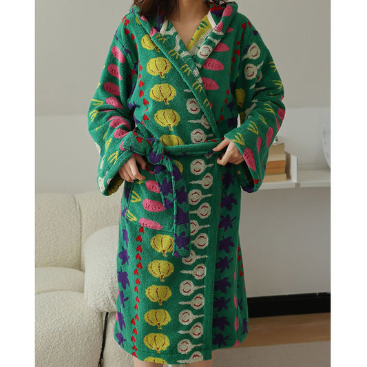 Colorful Vegetable Pattern Cotton Hooded Bathrobe - Green - Adult: L - image 1