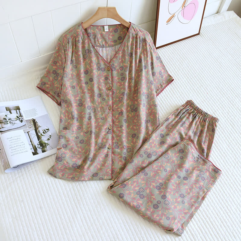 Floral Print Cotton Silk Loungewear Set - Green - XL - image 4