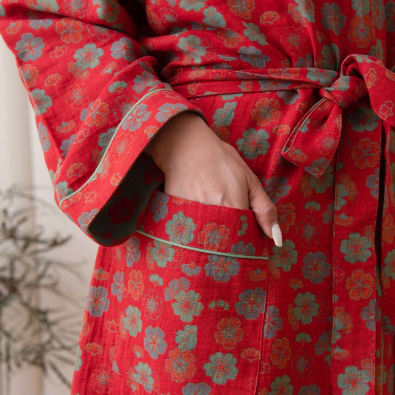 Plum Blossom Cotton Bathrobe With Tie