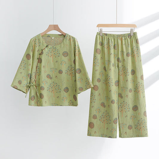 Leaf Tree Jacquard Cotton Loungewear Set - Green - XL - image 1