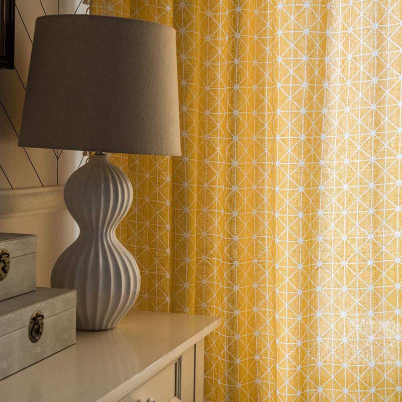 Ownkoti Yellow Plaid Translucent Curtains with Tassels