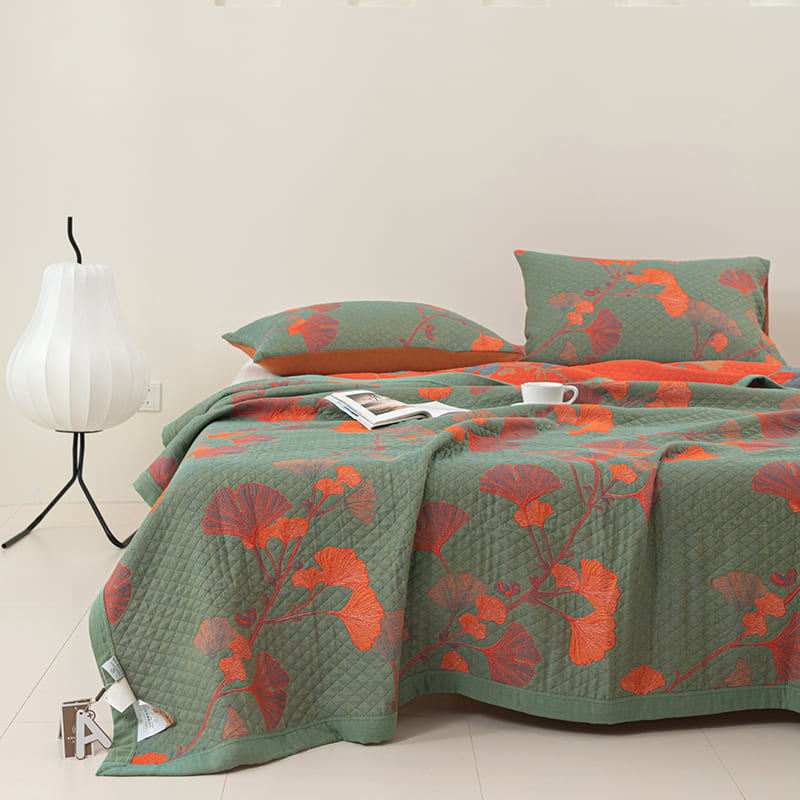 Orange Ginkgo Leaf Cotton Reversible Quilt – uk.ownkoti