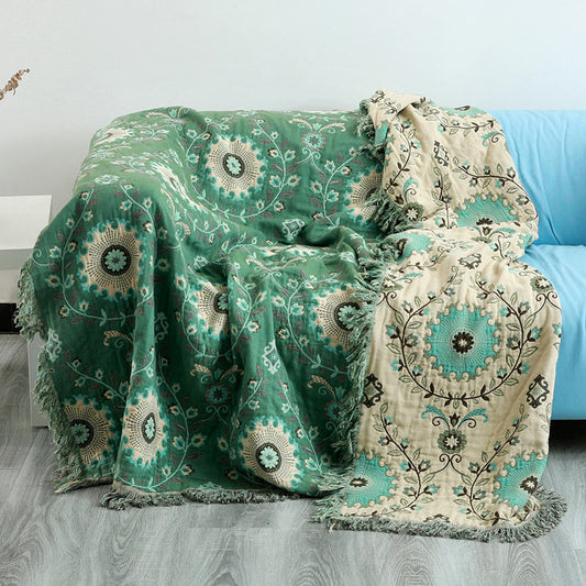 Retro Cotton Gauze Reversible Tassel Quilt