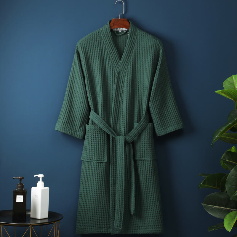 Ownkoti Simple Solid Color Cotton V-neck Bathrobe - Dark Green - XL - image 6