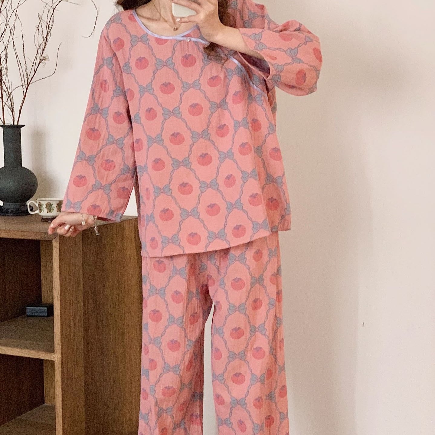 Yarn-dyed Jacquard Persimmon Cotton Pajama Set