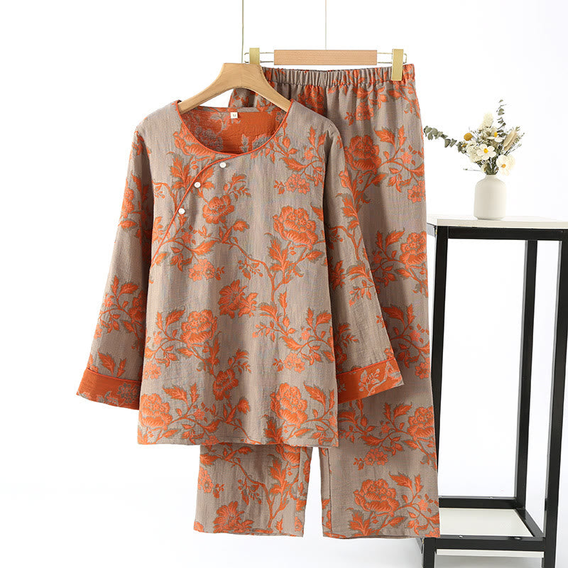 Cotton Gauze Floral Round-neck Nightwear Set