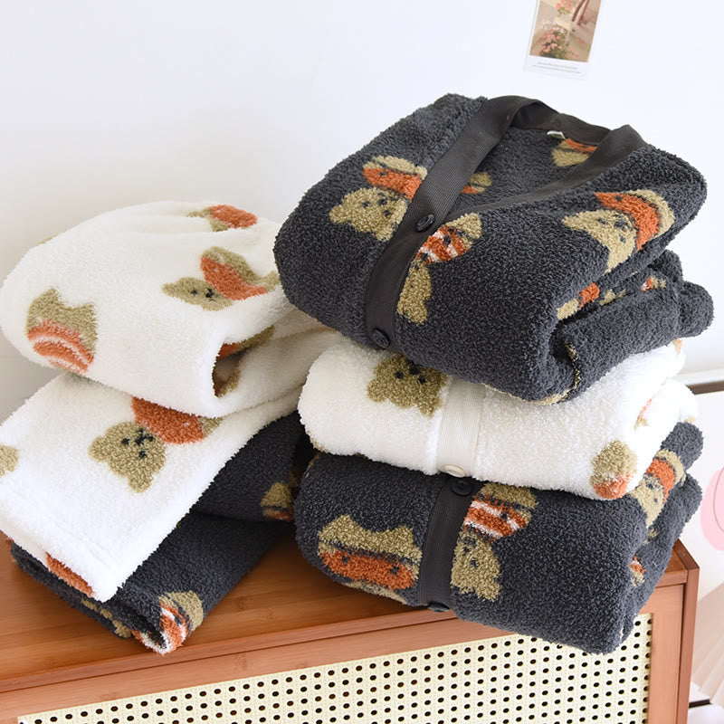 V-neck Cute Bear Soft Flannel Pajama Set