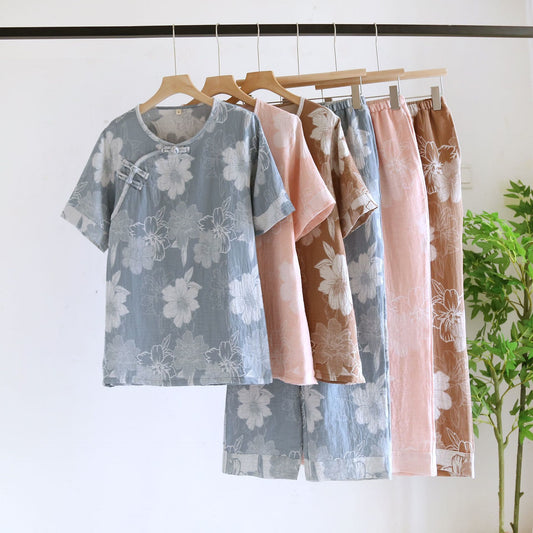 Short Sleeve Cotton Gauze Floral Loungewear Set