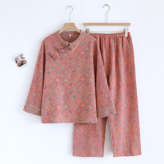 Yarn-dyed Jacquard Cotton Loungewear Set - Pink - M - image 1