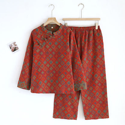 Yarn-dyed Jacquard Cotton Loungewear Set - Red - XL - image 8