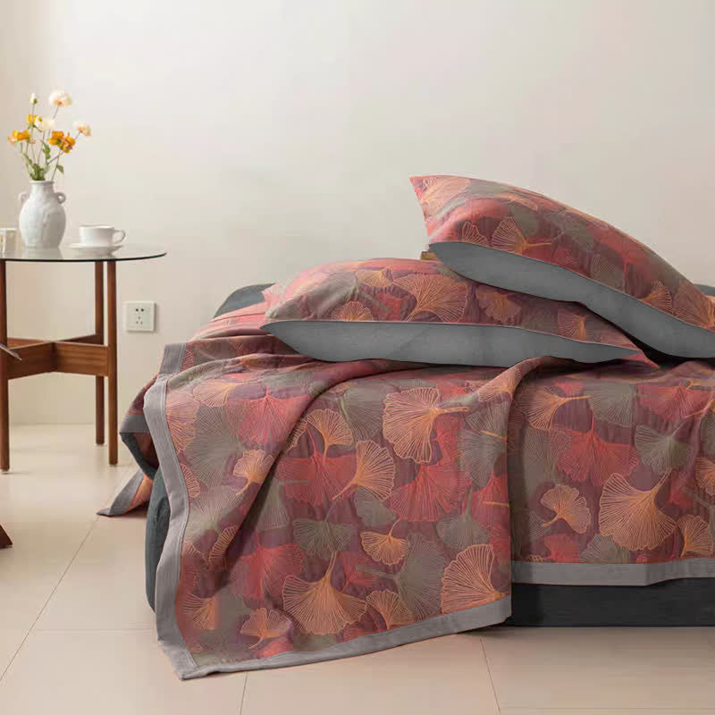 Ownkoti Ginkgo Leaf Three Layers Cotton Gauze Quilt - Quilt with 2pcs Pillowcases - Purple & Pink - Cal King - image 8