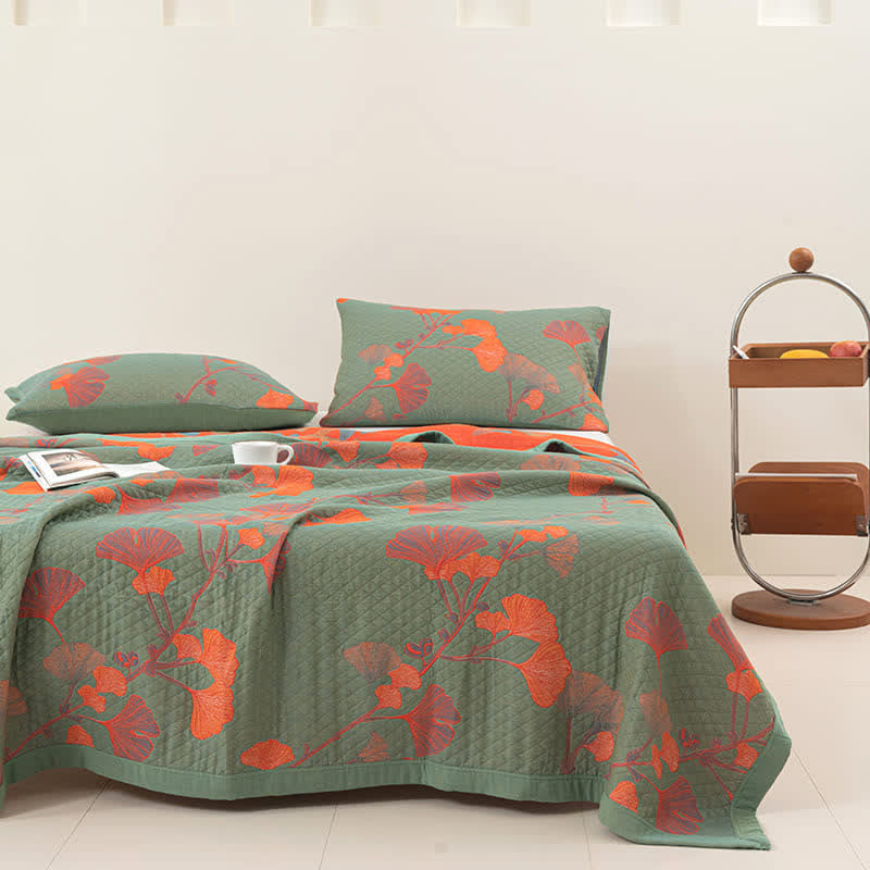 Orange Ginkgo Leaf Cotton Reversible Quilt - image 2