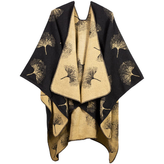 Ownkoti Luxurious Ginkgo Leaf Travel Shawl Cape - Black & Camel - 51" x 59" - image 0