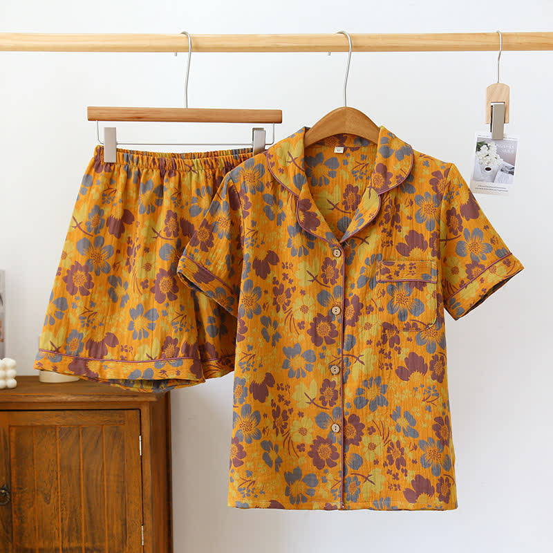 Short-sleeve Shorts Floral Cotton Pajama Set - Yellow - XL - image 1