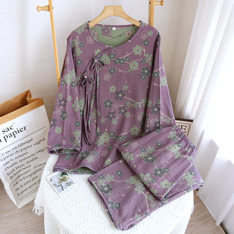 Ownkoti Plum Blossom Bowknot Pure Cotton Loungewear Set - Purple - XL - image 1