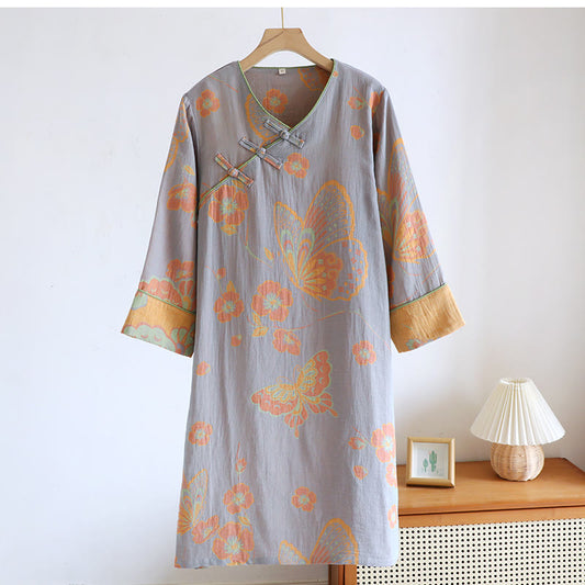 Pure Cotton Elegant Butterfly & Flower Nightdress - Light Gray - XL - image 0