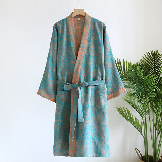 Cotton Gauze Jacquard Vintage Floral Bathrobe - L - image 0