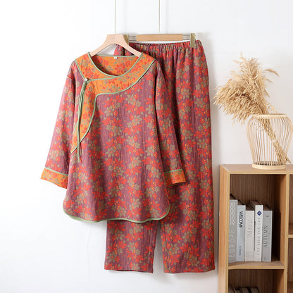 Floral Frog Closure Cotton Gauze Pajama Set - Dark Purple - XL - image 1