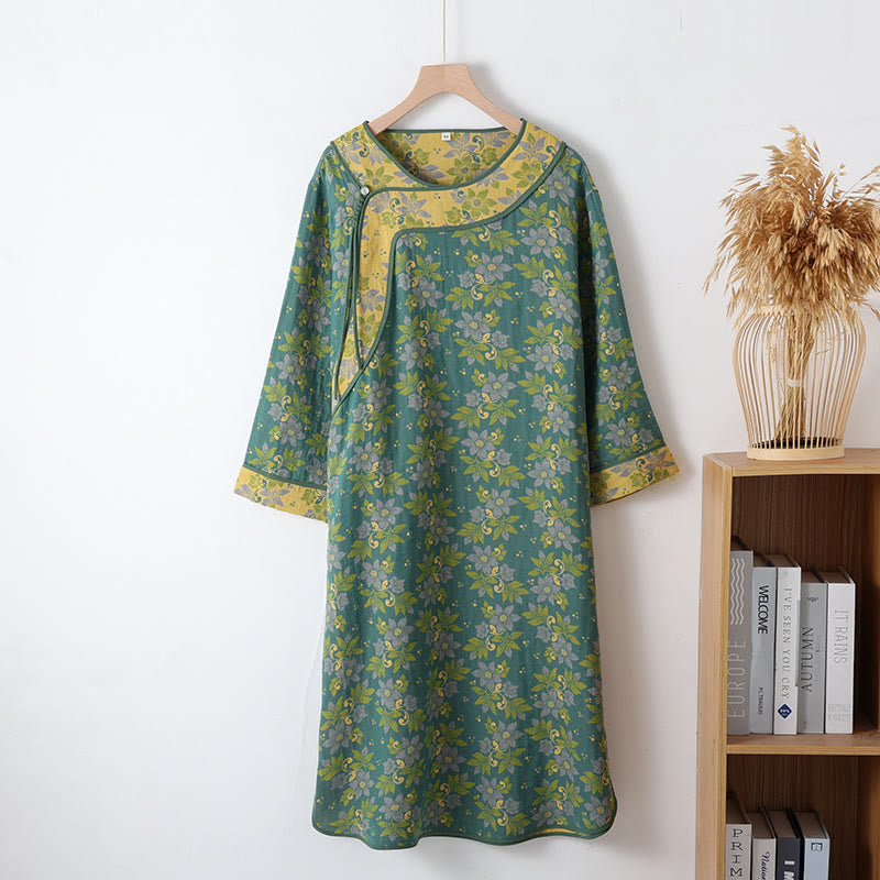 Ownkoti Jacquard Cotton Gauze Floral Nightgown - Green - L - image 1