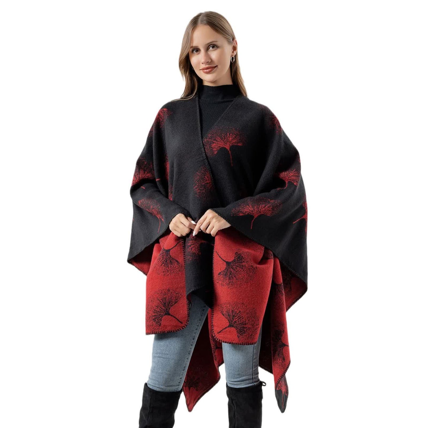Ownkoti Luxurious Ginkgo Leaf Travel Shawl Cape - Black & Red - 51" x 59" - image 3