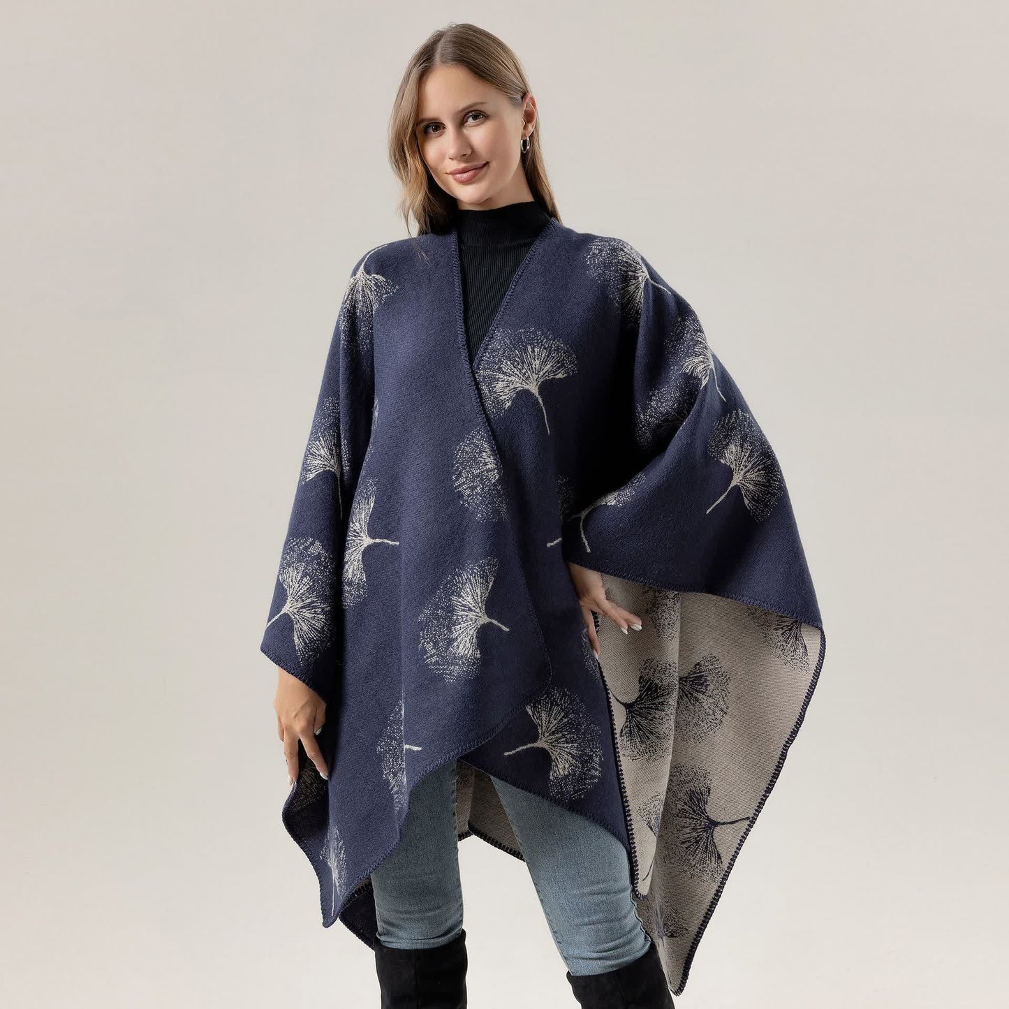 Ownkoti Luxurious Ginkgo Leaf Travel Shawl Cape - Navy Blue - 51" x 59" - image 5