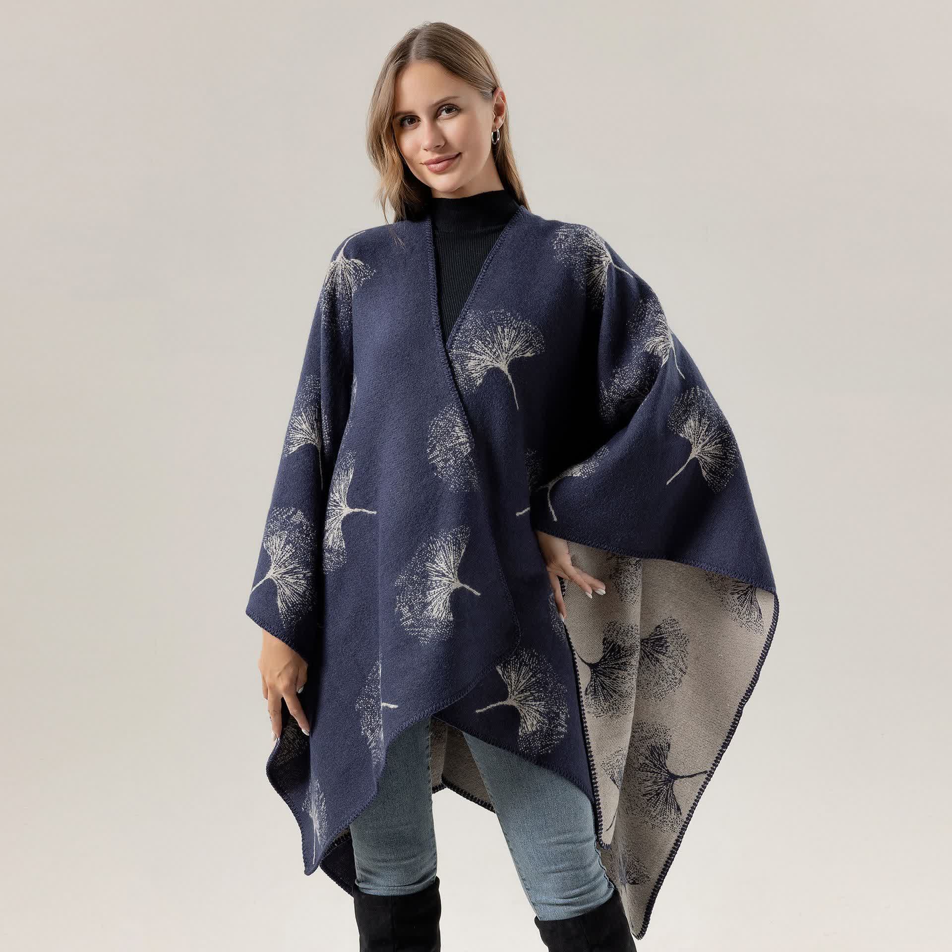 Ownkoti Luxurious Ginkgo Leaf Travel Shawl Cape - Navy Blue - 51" x 59" - image 5