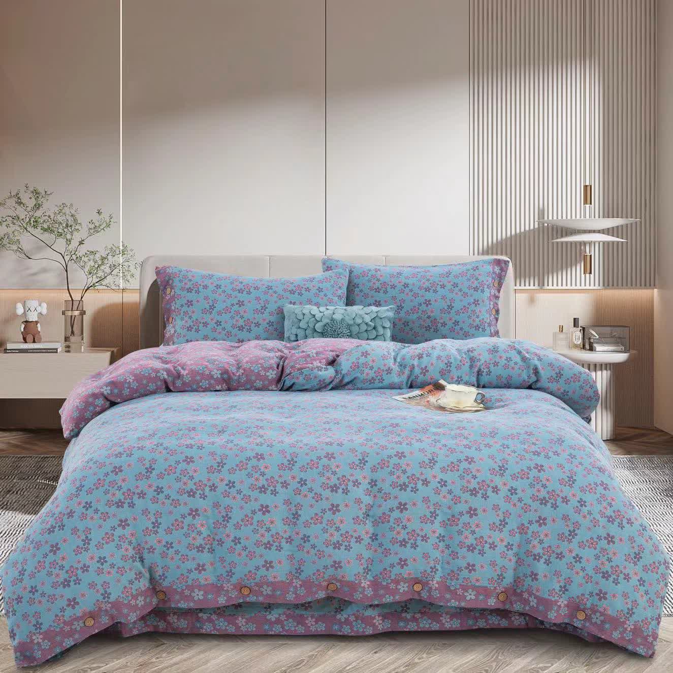 FLoral Button Cotton Gauze Bedding Set (4PCS)