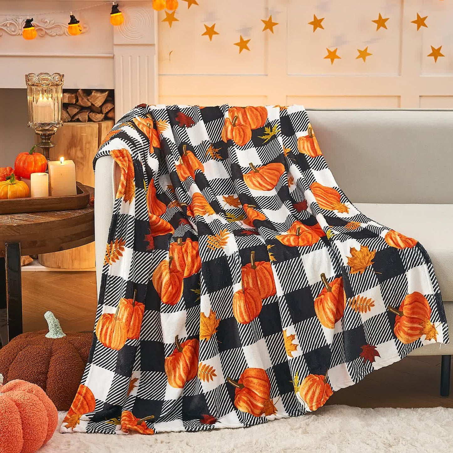 Plaid Pumpkin Halloween Flannel Blanket