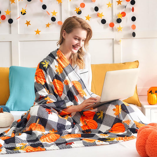 Plaid Pumpkin Halloween Flannel Blanket